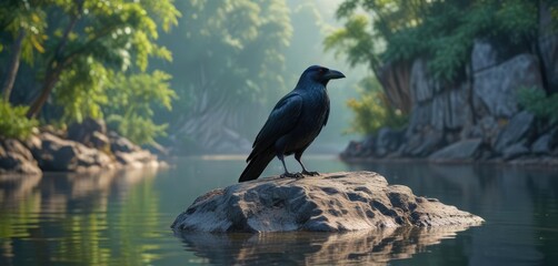 Jungle Crow perched on a rock near a river with water reflection, landscape, natural scene, water