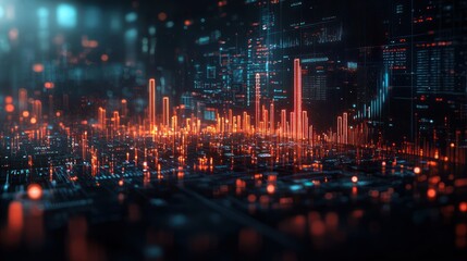 Futuristic city data visualization, digital finance, glowing cityscape, technological background, stock image