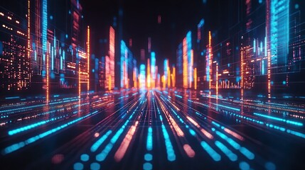 Futuristic city data stream highway, digital landscape background, tech concept