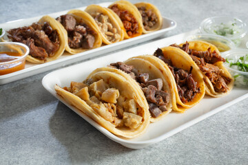 A view of a variety of street tacos on trays.