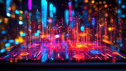 Futuristic city data visualization on tablet, glowing night background, tech concept