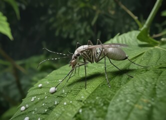 Fototapeta premium Female Asian tiger mosquito lays eggs on the tip of a leaf, with her mate present but not participating , insect behavior, leafy vegetation, insect reproduction