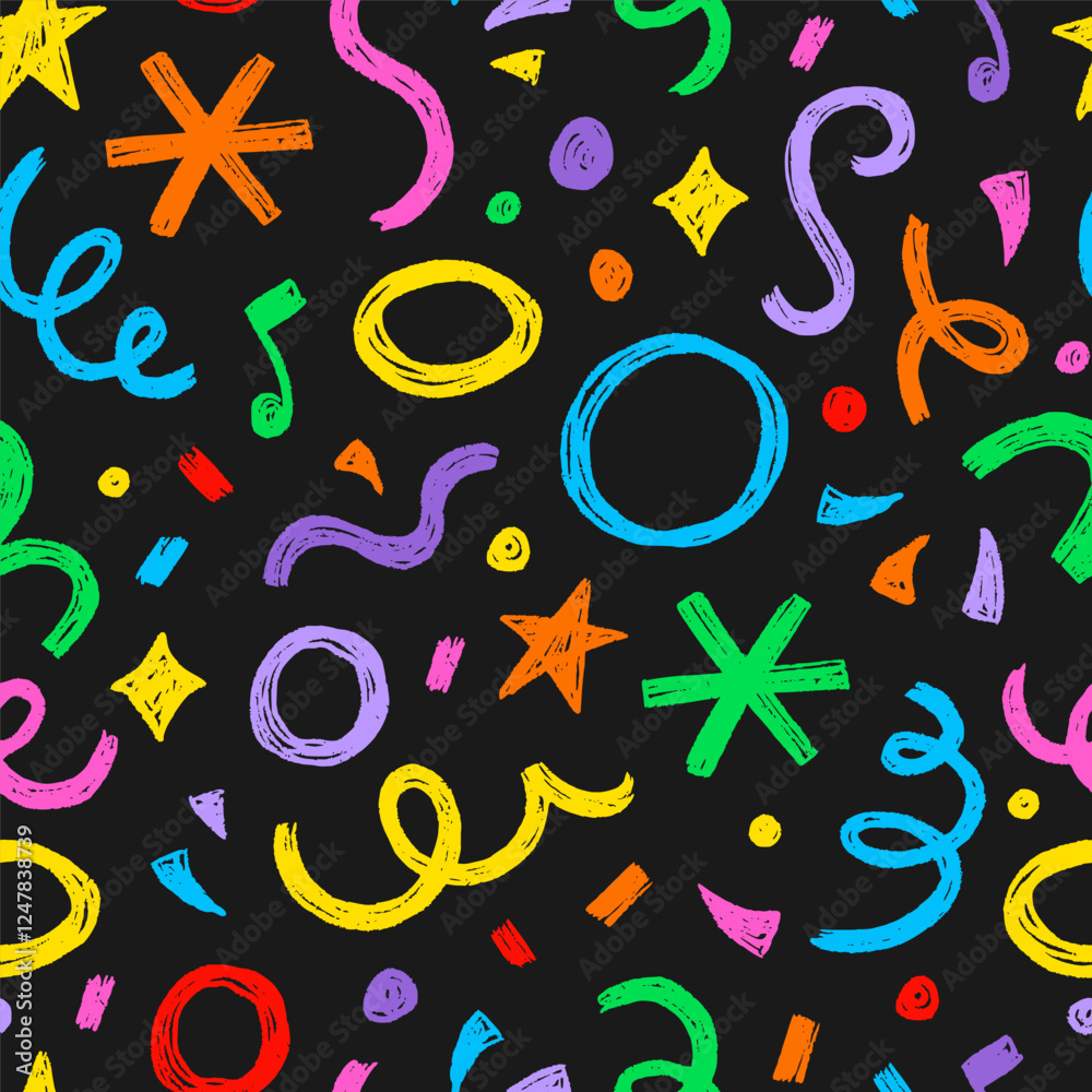 Poster Kid seamless pattern child fun shape squiggle confetti background. Hand drawn color crayon background fun child squiggle shape. Crayon color confetti abstract seamless pattern vector illustration