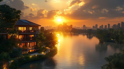 Fototapeta premium Sunset riverside villa, city skyline backdrop, real estate ad