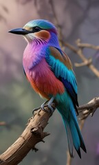 Fototapeta premium Lilac breasted roller with striking colors perched on a branch, impressive, sunny day, vivid