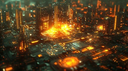Futuristic city glowing circuit board, data processing