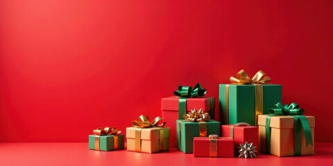 A Festive Collection of Wrapped Presents with Luxurious Ribbons and Bows on a Vibrant Red Background