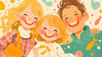 Charming Family Portrait with Warm Tones and Playful Cartoon Style Illustration