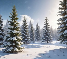 Obraz premium festive snowy scene with pine trees and snowflakes, peaceful, frosty, serene