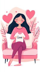 Cheerful woman holding love sign surrounded by hearts and plants in a cozy home setting
