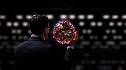 Fototapeta premium Businessman holding a glowing network globe in a dark cityscape, symbolizing technology and innovation