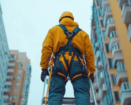 Construction worker safety Fall protection harness, ladder climbing, OSHA compliance, height safety, fall arrest system, construction site safety, worker protection, industrial safety, fall