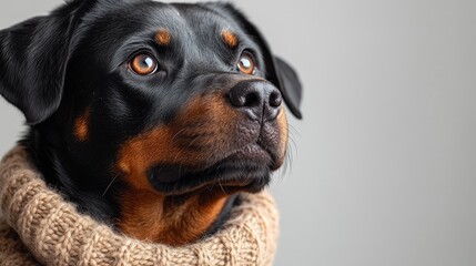Rottweiler dog wearing a warm knitted scarf