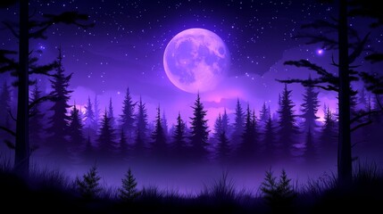 Enchanted Purple Moonlight Forest Night Sky Dreamlike Mystical Fantasy Scenery