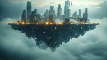 Fototapeta premium Futuristic city island floating above clouds; sunset