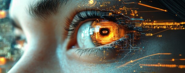 Cybernetic Eye Advanced Technological Vision, Wires, Circuits Replacing Veins, Futuristic Bio-Augmentation, Digital Enhancement, High-Tech Ophthalmology, Sci-Fi Cyberpunk Art, Augmented Reality
