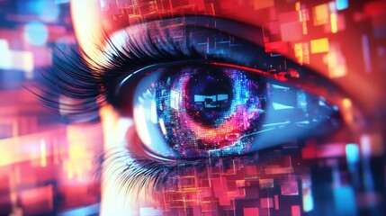 Digital Abstract Eye Design Modern Insight through Overlapping Geometric Shapes, A vibrant, high-resolution image showcasing a stylized eye crafted from intersecting geometric forms, representing