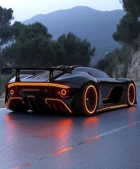 Futuristic Black Sports Car with Orange LED Lights on a Mountain Road