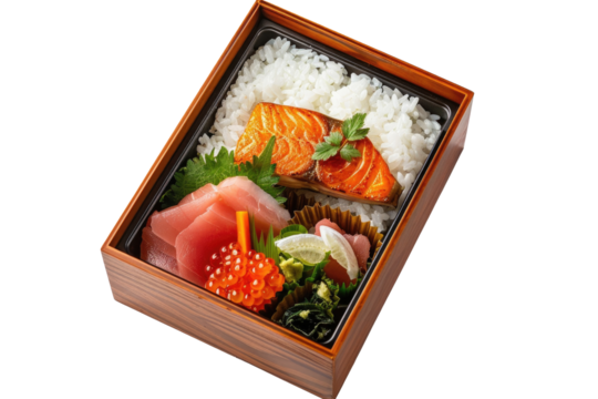bento box with rice fish vegetables isolated background