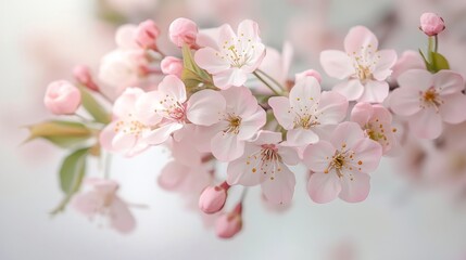 Obraz premium 16121056 21 21.A detailed depiction of blooming cherry blossoms, showcasing clusters of soft pink petals and tender green leaves, elegantly arranged in a natural-looking bouquet.