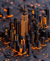 Futuristic Cityscape: Illuminated Towers on a Circuit Board