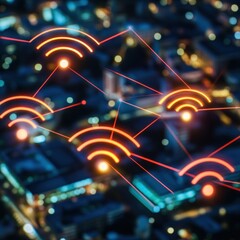 Fototapeta premium Night city wireless network connection map
