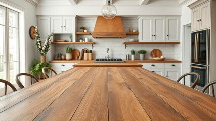 Modern wooden table top in modern farmhouse kitchen, natural wood tone, wooden table
