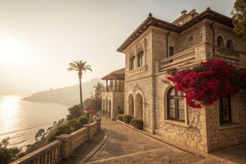 Obraz premium Sepia Luxury Villa: Architectural Photography of Coastal Elegance