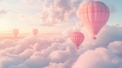 Obraz premium Pink hot air balloons soar above clouds at sunset, travel imagery