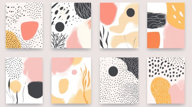 16121056 55 55.Set of eight abstract backgrounds. Hand-drawn various shapes and doodle objects. Contemporary modern trendy vector illustrations. Every background is isolated. Pastel colors