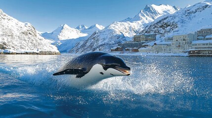 Majestic Penguin Plunge: Antarctic Ocean Wildlife Snowy Mountainscape