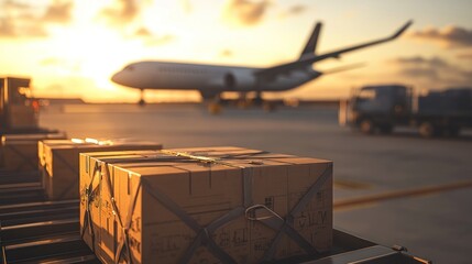 Fototapeta na wymiar Cargo boxes airport sunset air freight logistics