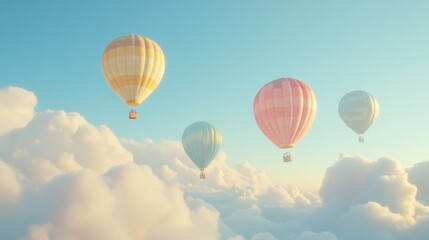 Naklejka premium Colorful hot air balloons soar above fluffy clouds at sunrise, ideal for travel brochures