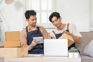 LGBT couple engaging in online sales, reviewing products while packing orders at home
