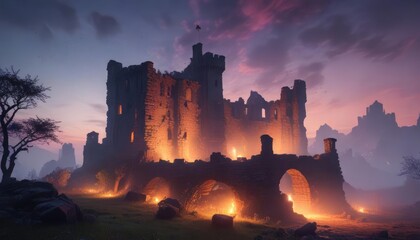 Fototapeta premium Mysterious fog swirls around a ruined castle at dusk, mysterious, gray stone walls