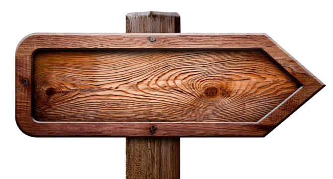 detailed texture wooden plank signage in triangle arrow shape isolated on white background