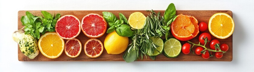 Farm-to-Table Freshness Vibrant Citrus Fruits and Vegetables Arranged on a Rustic Wooden Cutting Board, Ready for Culinary Creations Capture the essence of healthy eating with this image showcasing