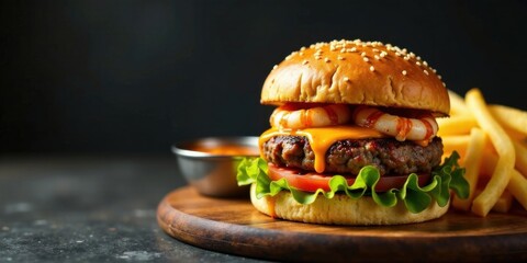 Appetizing Gourmet Burger with Shrimp, Melted Cheese, and Fresh Lettuce on a Wooden Board Served with Crispy French Fries