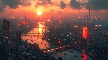 Obraz premium Futuristic city sunrise, river, cityscape, aerial view, urban fantasy