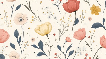 16121056 82 82.A seamless, hand-drawn floral pattern with roses, tulips, and daisies scattered across a light-colored background, their petals soft and delicate, ideal for use in home textiles,