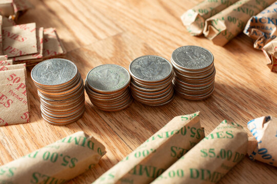A view of stacks of United States quarters.
