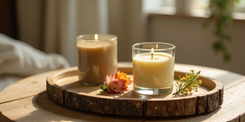 Illuminated Tranquility Two Aromatic Candles Glowing Softly on a Rustic Wooden Tray, Adorned with Delicate Blossoms and Yellow Flowers, Creating a Peaceful and Serene Atmosphere