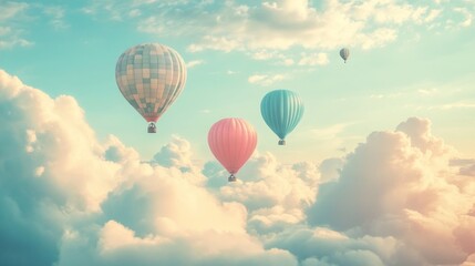 Naklejka premium Colorful hot air balloons soar above fluffy clouds at sunset; travel, adventure imagery