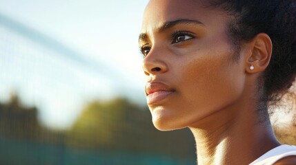 Focused athlete, outdoor court, sunset, determination, health