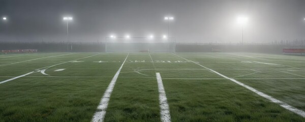 Football field covered in a thick layer of dew and fog, wet conditions, misty stadium, dew drop-covered grass, foggy landscape