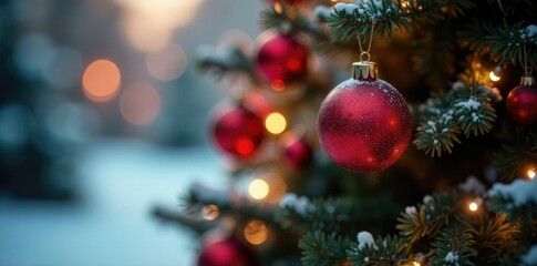 Obraz premium Ornament-laden Christmas tree in soft focus with red glow, winter, bokeh, soft focus