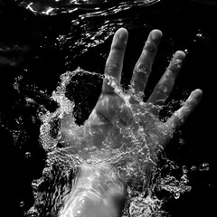Black and white hand reaching from dark water, splashing, background blurry