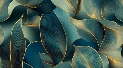 16121056 45 45.A sophisticated wallpaper design featuring flowing gold line art leaves, elegantly intertwined on a calming background of blue and green hues, perfect for modern home decoration or