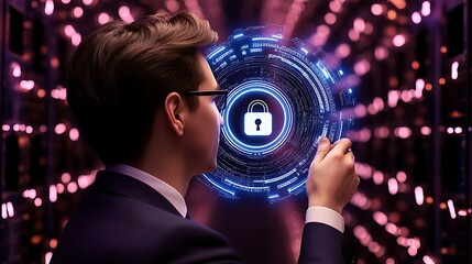 Businessman in a suit interacting with a futuristic digital lock interface in a data center