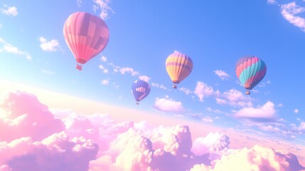 Obraz premium Colorful hot air balloons soar above dreamy pink cloudscape at sunrise; travel poster
